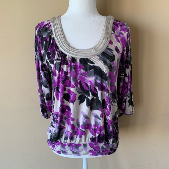 Elle Tops - Elle Small Purple Gray Tan Flower Shirt Top